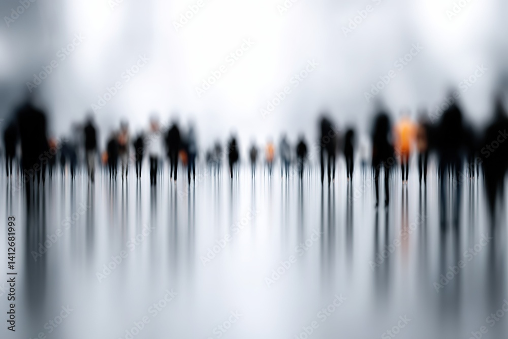 Crowd of indistinct figures walking on a foggy street during a soft, illuminated evening Crowd of indistinct figures walking on a foggy street during a soft, illuminated evening