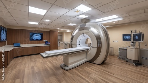 Modern MRI machine in a pristine medical imaging facility with surrounding diagnostic equipment