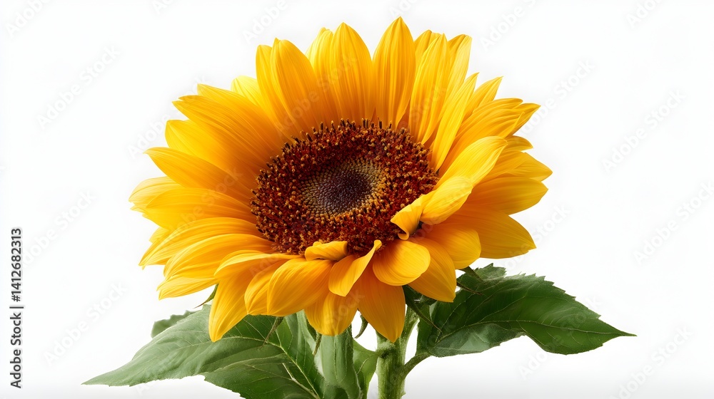 Fototapeta premium Bright sunflower with vibrant yellow petals and green leaves.