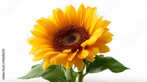 Bright sunflower with vibrant yellow petals and green leaves.