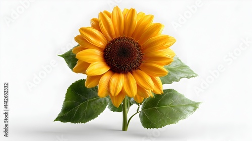 Bright sunflower with green leaves on a light background.