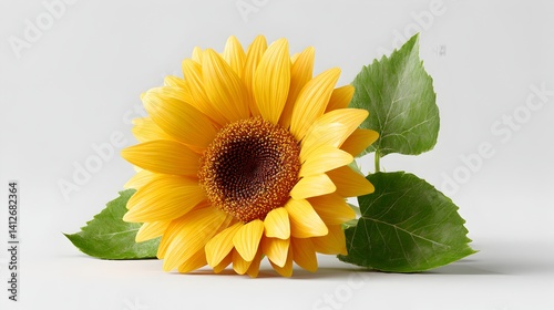 Bright sunflower with green leaves on a neutral background.