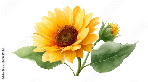 Illustration of a vibrant sunflower with leaves and a budding flower.