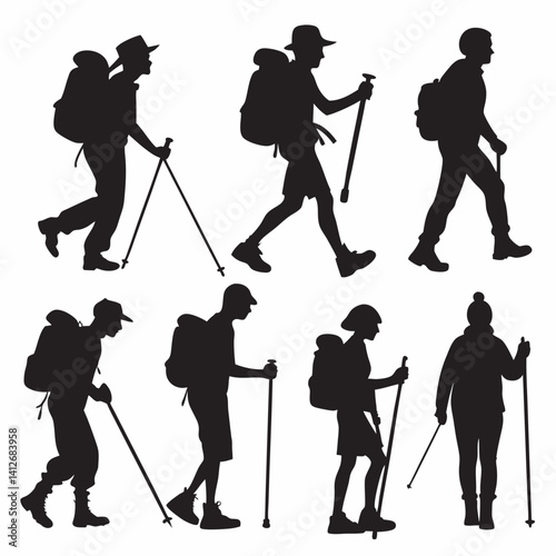Vector silhouette of a hiker standing on a peak looking into the distance, one foot on a rock, confident and proud posture, black silhouette on white background, adventurous and inspirational style