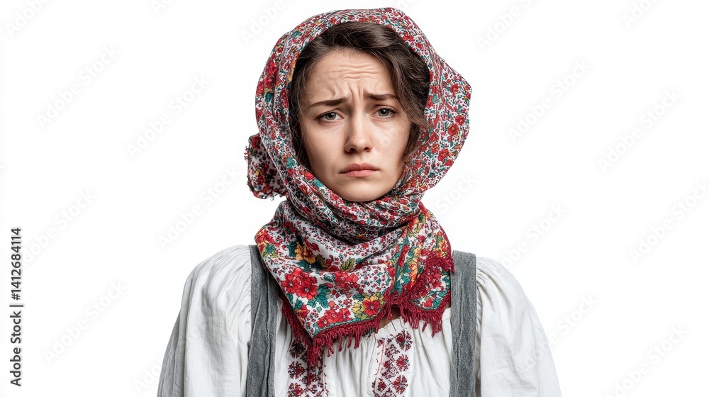Sad Ukrainian woman in traditional headscarf reflects grief and resilience during war for human rights and solidarity campaigns