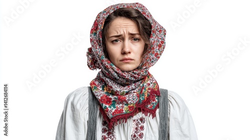 Sad Ukrainian woman in traditional headscarf reflects grief and resilience during war for human rights and solidarity campaigns