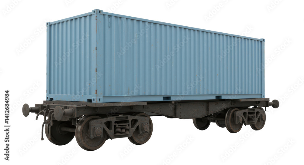 Naklejka premium Isolated Blue Shipping Container on Railroad Car