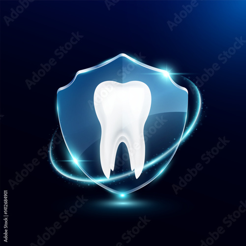 Tooth in translucent glass shield modern. Surrounded by glowing ring safety guardian. Human anatomy organ on blue background. Medical health care immunity and protection concept. Vector EPS10.
