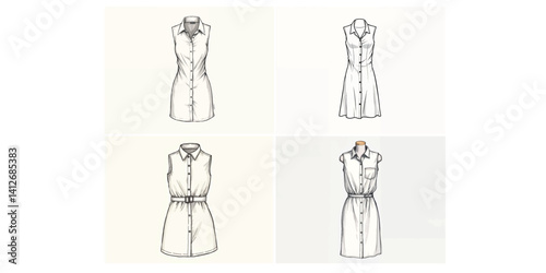 womens sleeveless shirt dress flat sketch technical cad drawing vector template