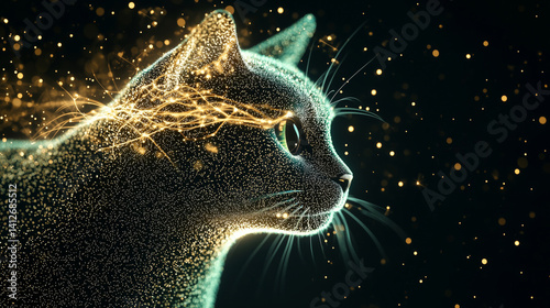 stylized cat with glowing particles and quantum effects creates mystical and futuristic atmosphere