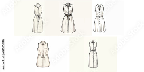 womens sleeveless shirt dress flat sketch technical cad drawing vector template