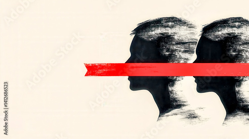 Silhouettes with red tape covering mouths symbolizing censorship