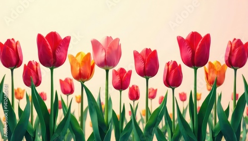 Vibrant, stylized tulips forming a continuous motif , contemporary, vibrant