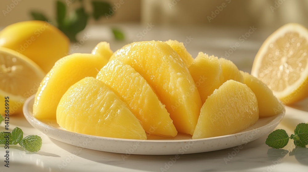 Sweet, sliced peaches on a plate, alongside lemons and mint Sweet, sliced peaches on a plate, alongside lemons and mint