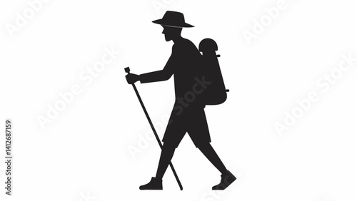 Vector silhouette of a hiker standing on a peak looking into the distance, one foot on a rock, confident and proud posture, black silhouette on white background, adventurous and inspirational style