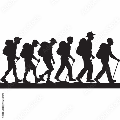 Vector silhouette of a hiker standing on a peak looking into the distance, one foot on a rock, confident and proud posture, black silhouette on white background, adventurous and inspirational style