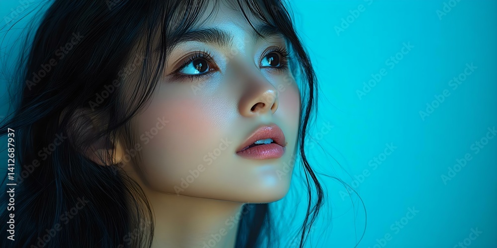 Naklejka premium Stunning portrait of a young woman with long hair, deep eyes, and soft facial features against a turquoise backdrop, exuding beauty and serenity.