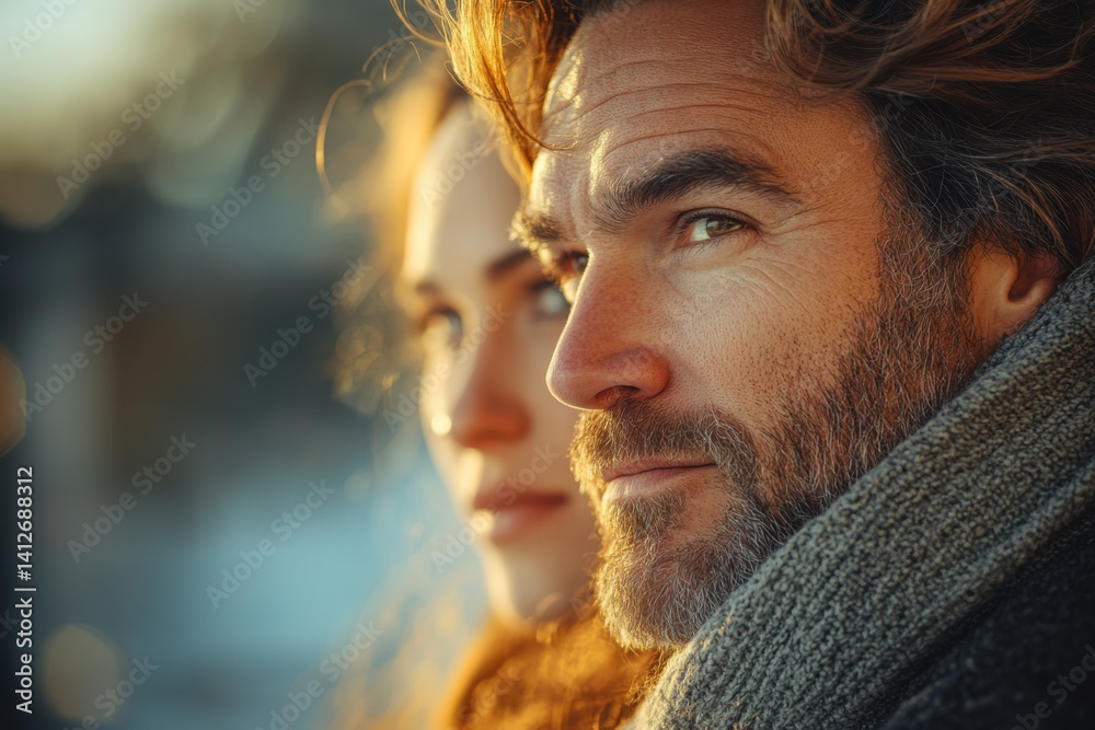 Close-Up Portrait of a Thoughtful Couple Looking into Distance in Warm Winter Light