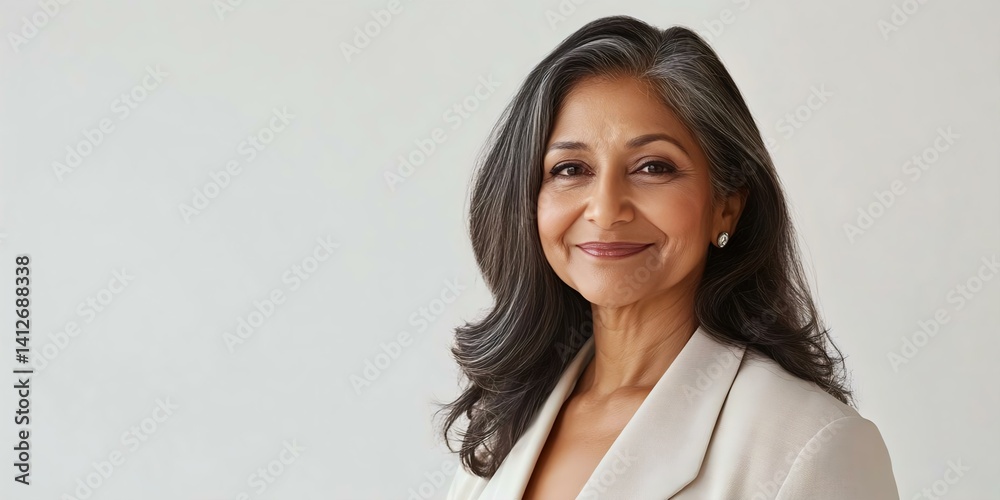 Confident middle-aged woman with gray hair, professionally dressed, smiling against a neutral background, embodying elegance and poise.