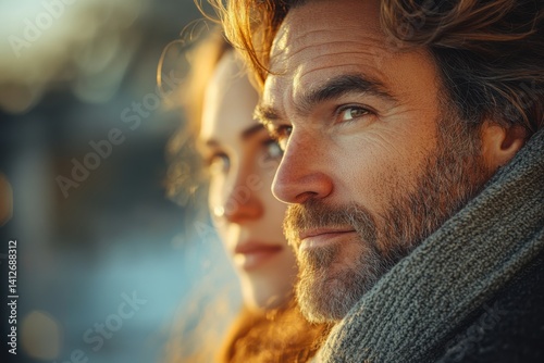 Obraz na płótnie Close-Up Portrait of a Thoughtful Couple Looking into Distance in Warm Winter Light w salonie