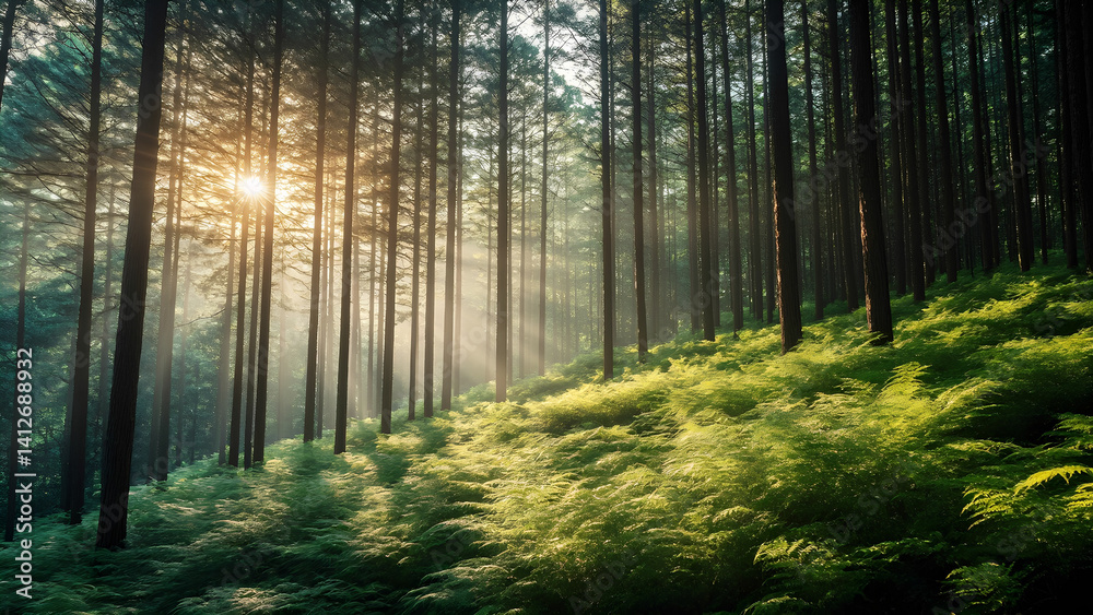 Fototapeta premium Dense fern-covered hillside under tall pine canopy, with soft natural shadows