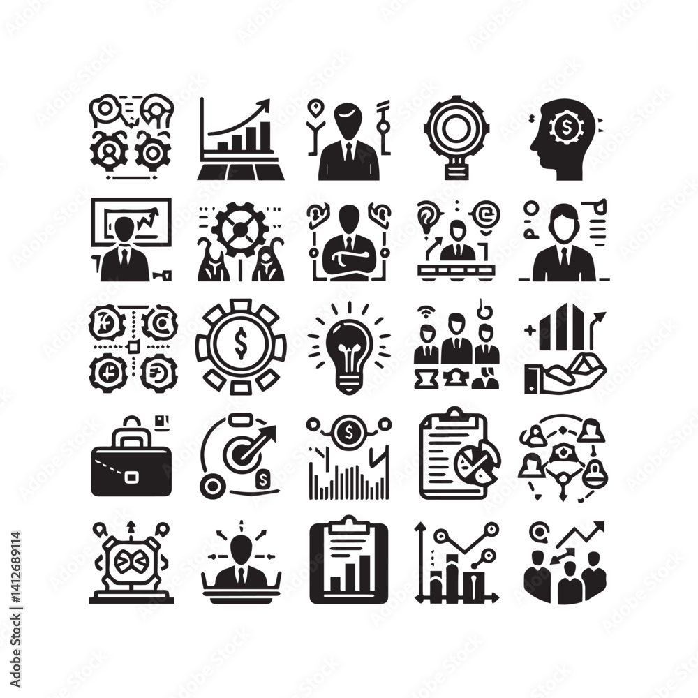 Business and management line icons set. Management icon collection. shilhouette vector white background Business and management line icons set. Management icon collection. shilhouette vector white background