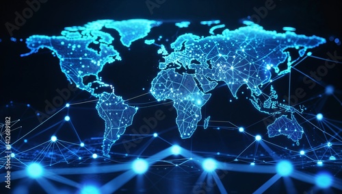 Blue digital world map with glowing network lines and data points, ideal for global communication and information technology themes