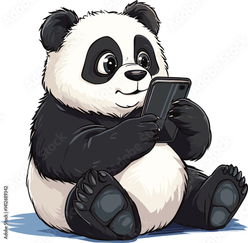 cartoon panda bear holding cell phone