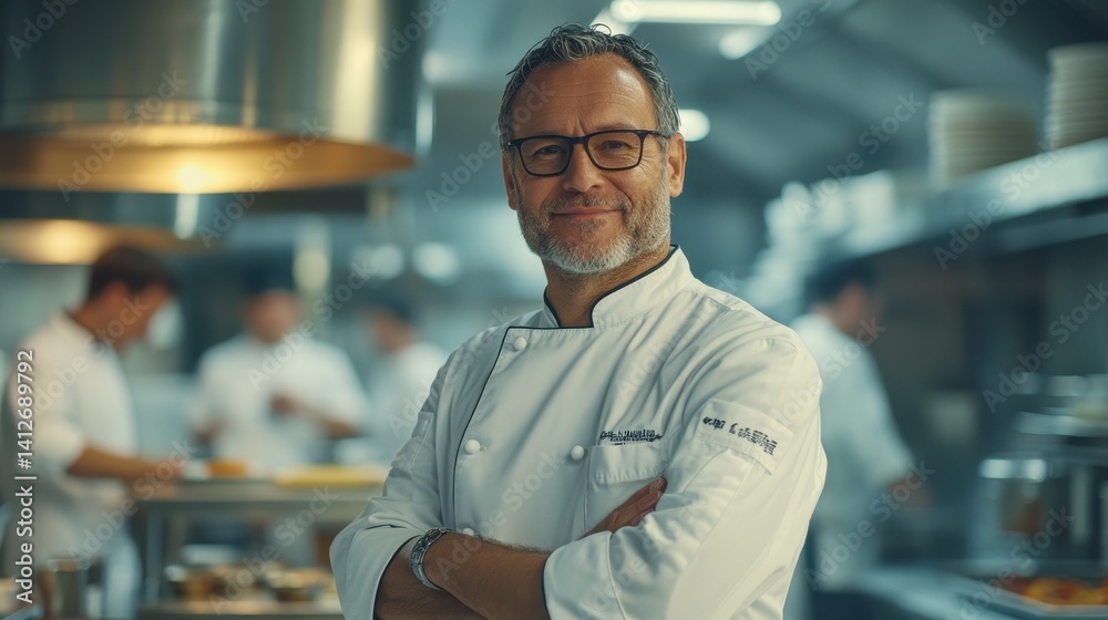 A middle-aged European chef confidently stands in a bustling kitchen, showcasing his culinary expertise with a smile, amid lively kitchen activity. A middle-aged European chef confidently stands in a bustling kitchen, showcasing his culinary expertise with a smile, amid lively kitchen activity.
