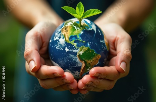 Image of hands holding earth with plant. Earth Day. High quality photo