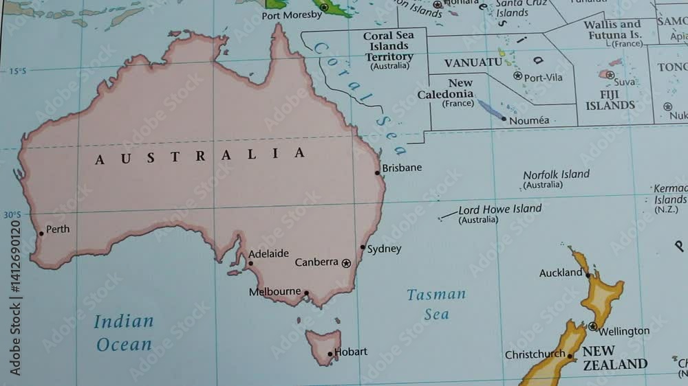 close up of the country of Australia viewed on a wold map as a travel concept. Australia on a map. Political map of Australia 
