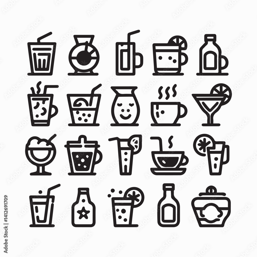 Drink thin line icons collection. Editable stroke. shilhouette vector white background Drink thin line icons collection. Editable stroke. shilhouette vector white background