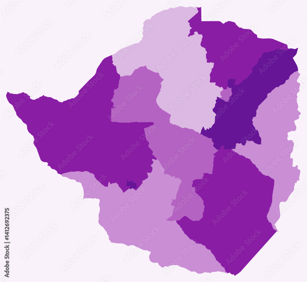 Fototapeta premium Map of Zimbabwe with regions. Just a simple country border map with region division. Purple color palette. Flat Zimbabwe shape with administrative division. Vector illustration.