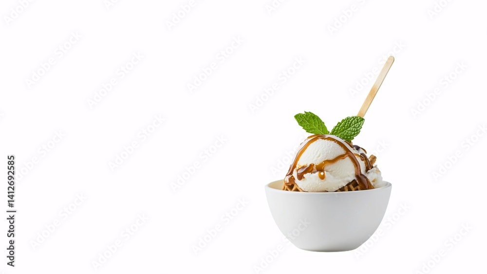 Vanilla ice cream with caramel sauce in a white bowl, topped with a mint leaf and wooden stick. Vanilla ice cream with caramel sauce in a white bowl, topped with a mint leaf and wooden stick.