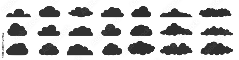 Big vector set of cloud shapes. Simple cute cartoon design. Set of cloud in a flat design isolated on transparent