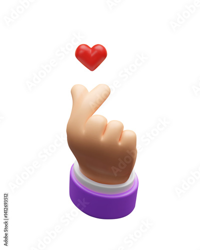 3d Korean hand heart gesture. Three-dimensional illustration about love emotion. Romantic symbol of communication between friends, couple or human. Valentine arm and fingers support. Palm expression