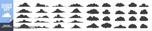 Clouds icon set isolated on transparent. A set of clouds illustration in the sky in black silhouette