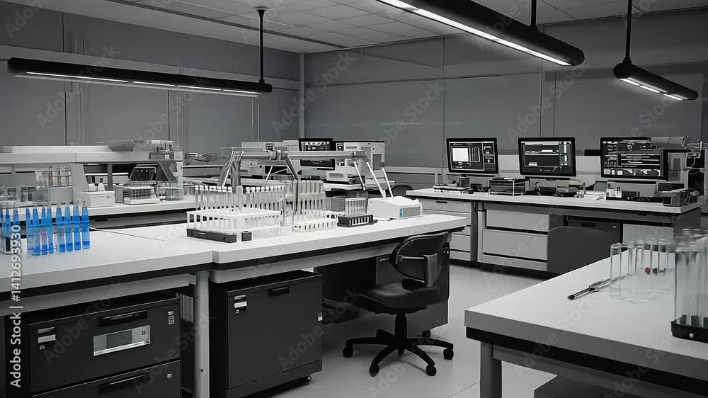 Modern, sterile laboratory with equipment and computers Modern, sterile laboratory with equipment and computers