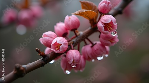 Macro Shot of Pink Blooms with Morning Dew on a Tree Branch