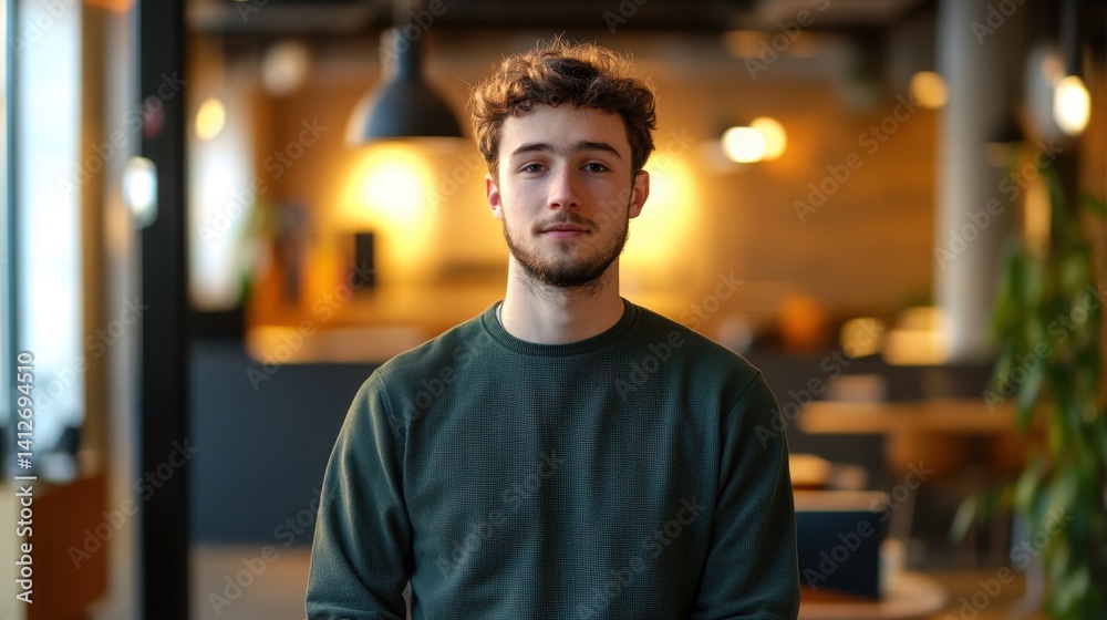 Fototapeta premium A young male software developer sits in a modern workspace, exuding confidence and focus. The portrait captures a serene atmosphere enhanced by natural light.