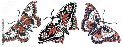 Neo traditional old school tattoo set of moth with skull shaped body and detailed wings, creating striking visual representation of life and death.