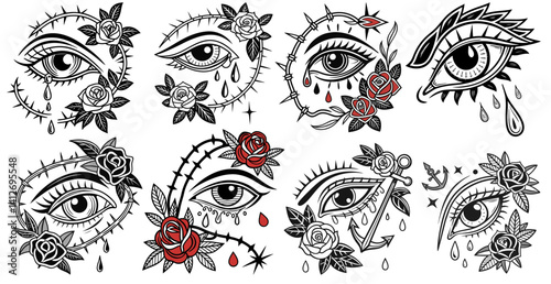 Stylized eye set with tears and roses in thorn frame. Old school tattoo design in bold black and white for vintage tattoo art, emotions, symbolism, retro style.