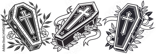 Black and white illustration set depicting vintage coffin design, adorned with gothic cross, surrounded by detailed floral and botanical elements representing traditional tattoo aesthetics