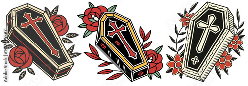 Classic old school tattoo design set of black coffin with cross, roses and leaves. Aesthetic of traditional tattoo art