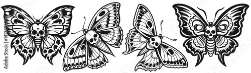 Old school tattoo set of moth with skull shaped body and detailed wings, creating striking visual representation of life and death. Black and white tattoo