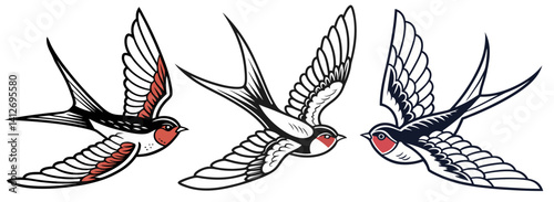 Classic old school swallow tattoo set flying with wide open wings. Detailed feathering and touch for vintage tattoo enthusiasts and bird lovers