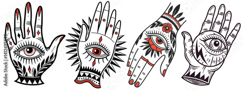 Hand displaying ornate eye tattoo set with intricate design, representing mystic symbolism and spiritual protection. Old school tattoo style, traditional tattoo aesthetic, protective symbolism.