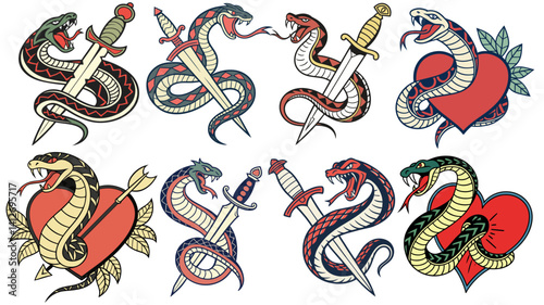 Set of snake coiling around ornate dagger, displaying fangs and forked tongue. Classic old school tattoo style, raw power, primal danger, bold design, traditional tattoo symbolism.