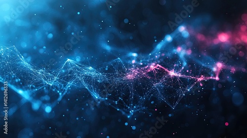 Digital business network concept with interconnected tech elements, global data, and marketing symbols for modern corporate design