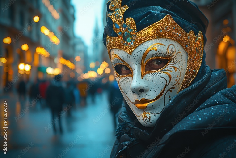 Masquerade Character with Gold and Blue Mask in Urban Setting